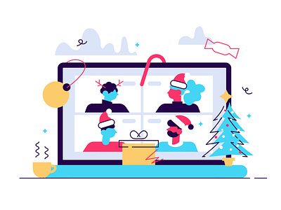 happy holidays. online celebration concept avatar business people character chat christmas conference cup design flat gift happy holidays illustration messanger new year people tree vector video xmas zoom