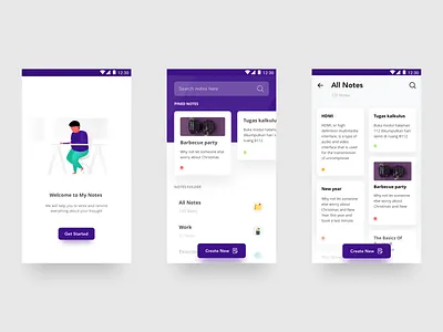 Notes App Exploration app clean dailyui dribbble flatui gradient illustration iphonex mobile app notes purple typogaphy typography ui uiux