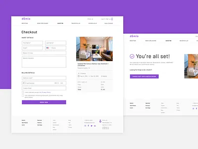 App Designs for Domio app booking app checkout checkout form design form interaction interface navigation pay payment payment form product design purple ui ux web app web app design website