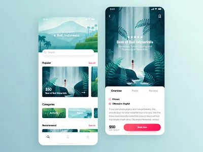 Tour Agency App app art bali design flora illustration ios nature plants procreate product tour travel travel agency tropical ui ux waterfall