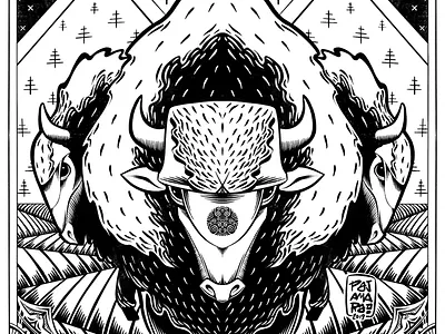 The Spirits of the West american animal bison black and white comic design drawing illustration ink lowbrow mythology pattern surreal western