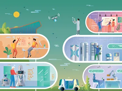 IT Company Illustration 2d 2d art build copter data center design future illustration it company robot skills vector