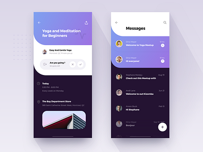Events & Messages app avatars details event flat gradients ios list long meet message send shadows sms text ui yoga