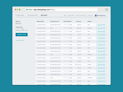 Billing & payments transactions. RetargetApp ads automate ads b2b billing facebook ads interface payment payment history product design retargetapp saas transaction ui ux web app