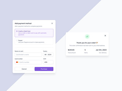 Payment Modal Confirmation b2b cart checkout confirmation credit card delivery ecommerce mockup modal payment paypal shop success payment ui
