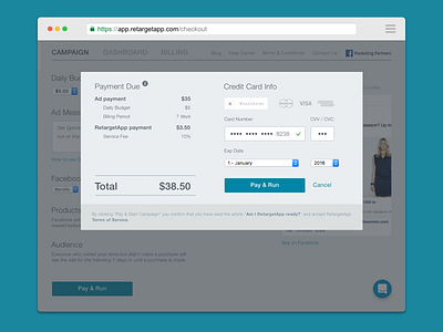 Check out for create campaign on Facebook. RetargetApp ads automate ads b2b billing campaign card card checkout charge checkout checkout form facebook ads interface modal modal window payment product design retargetapp ui ux web app