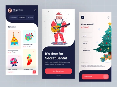 Christmas Gift Shop Mobile App Design app card christmas christmas gift clean ecommerce gift gift store holidays ios merry christmas mobile app mobile ui newyear santa secret santa shop ui ux wishlist