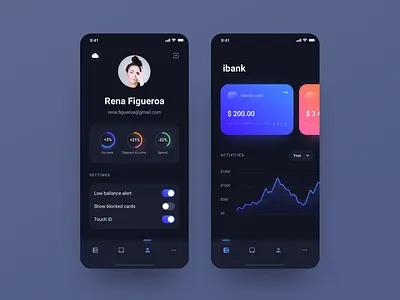 Banking app dark version app application bank banking blue bottom bar clean dark design graphic interface mobile profile ui ux