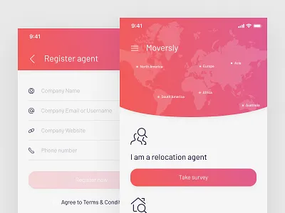 Moversly – Home and Register agent android app clean gradients ios iphone map minimal modern moving ui ux