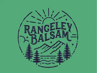 Rangeley Balsam logo balsamiq blue branding green illustration logo maine mountain pine tree typography