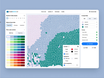 Redesign color palette utility for map makers analytics application choropleth map clean color library color palettes color schemes coloring data data visualization design interface map design platform saas ui ux