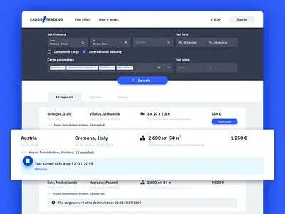 Search shipments page 🚙 app cargo cargo.trading design interface search trading ui ux web