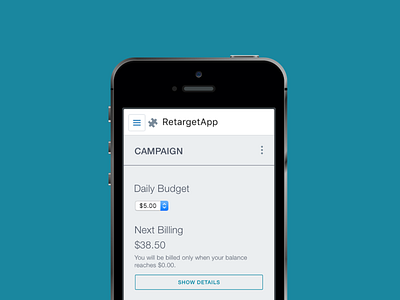 Edit ad campaign on Facebook (mobile / adaptive). RetargetApp ad message adaptive adaptive design ads automate ads b2b campaign daily budget edit facebook ads interface mobile popover product design retargetapp saas ui update ux web app