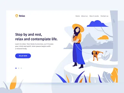Relax adventure break chill cliff contemplation dog flat flat design flat illustration illustration landing landing page landing page design leaves nature park relax walk walk a dog woman