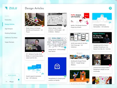 Articles & Media Board | Zulu - Collaborative Bookmarking board bookmarks card design dashboard debut desktop first shot masonry media ui design visual web
