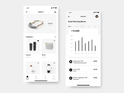 MUSETY App app bill black white branding chart clean data design e commerce elegant high end mobile app shopping statistic ui wallet