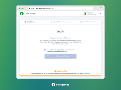 Onboarding, RetargetApp ads authorization automate ads b2b create account facebook ads interface lead log in product design register registration retargetapp saas sign in sign up ui ux web app