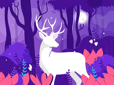 DEER ONE animal art blue colors cute deer dribbble flowers illustration illustrations landscape leaves moonlight nature scenery shapes vector white