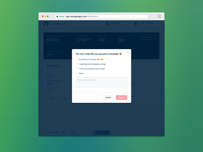 Pause ad campaign. RetargetApp ads automate ads confirmation dashboad dialog window facebook ads feedback interface modal modal window pause product design retargetapp survey ui ux web app