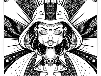 Our Lady of the Cosmos american animal bison black and white comic cosmic design drawing illustration ink lowbrow mythology pattern space surreal woman
