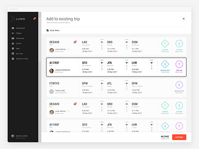 Lumo Trip selection list app flight interface minimal responsive travel web web app white