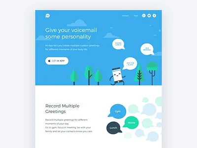 Hi Voicemail App Landing Page app website desktop download app features flat header image hero illustration jogging landing page landing page design park speech bubbles trees web webpage webpage design website