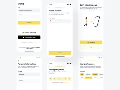 Sign up flow - Bicycle mobile app bicycle app bike bike shop clean design figma forgot password login screen minimal mobile app mobile ui modern register register flow signup simple store ui ui design yellow