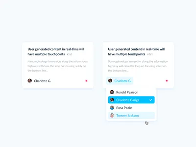 Kanban Card assignee blue bug card design dropdown hover kanban report selection simple task ui ux white