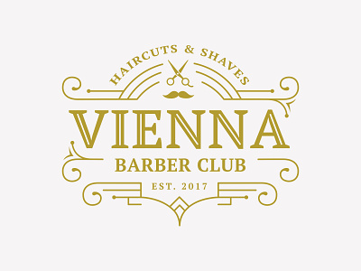 Vienna Barber club barber logo barbershop beard brand identity gold haircuts premium branding scissors shaves vienna vintage badge vintage logo
