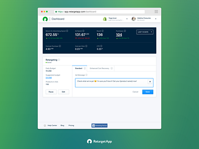 Edit ad message on dashboard. RetargetApp ads analytics automate ads dashboard data visualization datavis edit editable facebook ads interface metrics performance product design text text area type ui update ux write
