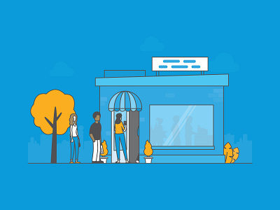 Bring Customers Back Instore branding brick and mortor foot traffic illustration illustrator man plants queing shop small business store strategy trees woman
