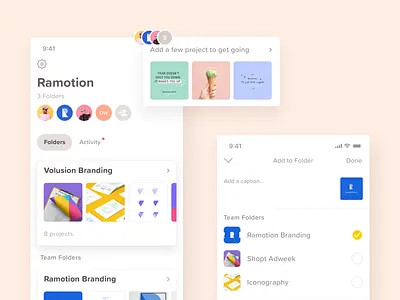 Introducing Over for Teams! avatars cards collaboration flat folders ios list minimal project select teams ui
