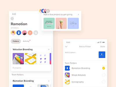 Introducing Over for Teams! avatars cards collaboration flat folders ios list minimal project select teams ui
