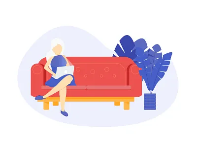 White Haired Businesswoman Sitting on Sofa with Laptop blond cafe character dresses flat design illustration laptop office plant sneaker sofa vector woman illustration