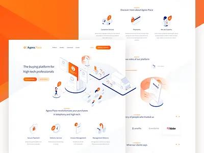 Agora Place - Landing Page b2b blockchain blue character contact homepage icon illustration isometric landing page mobile orange platform shop ui webdesign website