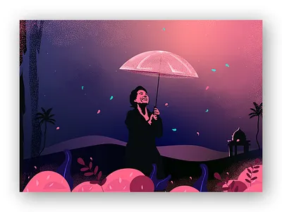 Night Walk app clean color design illustration leaf night smile texture typogrphy ui umbrella web