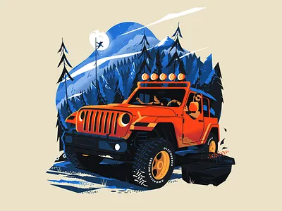 Forest Wanderers adventure car couple illustration jeep landscape mountains nature night outdoors plants road trip rock sky stars summer trees trinetix truck werewolf