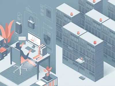 Cybercrime computer crime cyber internet isometric network server room vector warning