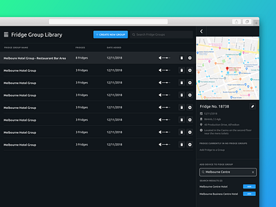 Manage Fridge Groups app application clean design edit info manage map search settings sidebar ui ux volume web website