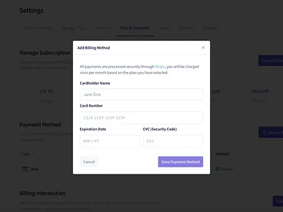 Billing Modal billing card modal