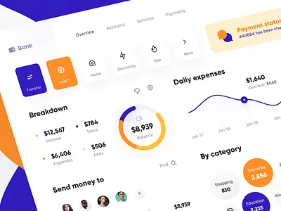 Bank: Overview accounts app bank banking credit card dashboard data expenses fintech graph metrics overview platform saas spending system transfer wallet web website
