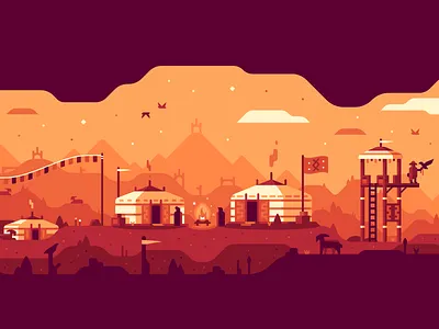 Yurt Village abstract bird campfire eagle fire flag game geometric goat landscape mountain tent video game yurt