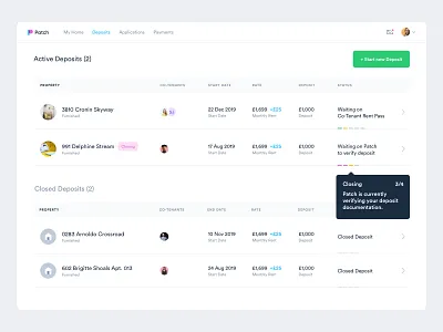 Patch - Dashboard - Deposits Listing app balkan brothers clean dashboard design experience interface list management property real estate simple ui user ux web website