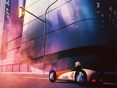 Inheritance animation car city driver early morning fast car glass building illustration old car road street light