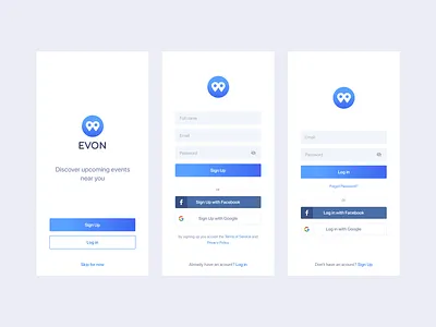 Event App | Sign up, Log in screens android app app design app screen clean app design conference event app get started screen ios app iphone app login screen material app minimal app design mobile app mobile design seminar sign up screen trending design ui design ux design walkthroughs