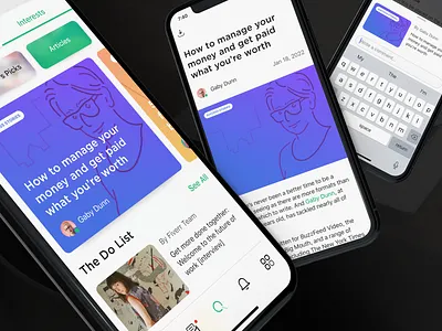 Explore articles app article blog blue concept design fiverr green illustration mobile ui