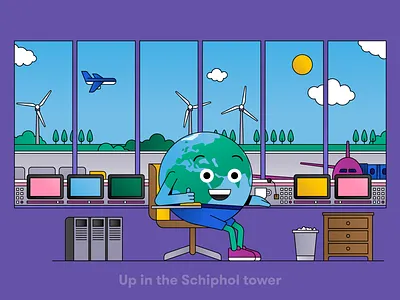 Globi: Up in the Schiphol tower airplane amsterdam business campaign computer concept graphic design illustration illustrator it klm landscape nature plane purple schiphol sketch tower vector weather