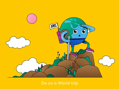 Globi: Go on a World trip amsterdam artwork campaign cloud drawing flatdesign globe holiday illustration illustrator mountain rock sun sunset travel travelling vacation vacay vector world