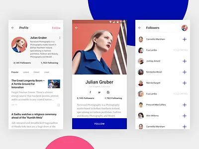 Profile screens android app followers material mobile news profile social storytelling ui ux
