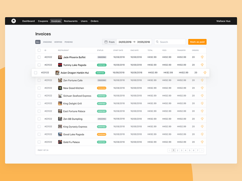 Oopsie — Invoices dashboard datepicker filtering invoices list oopsie orange pagination productivity significa